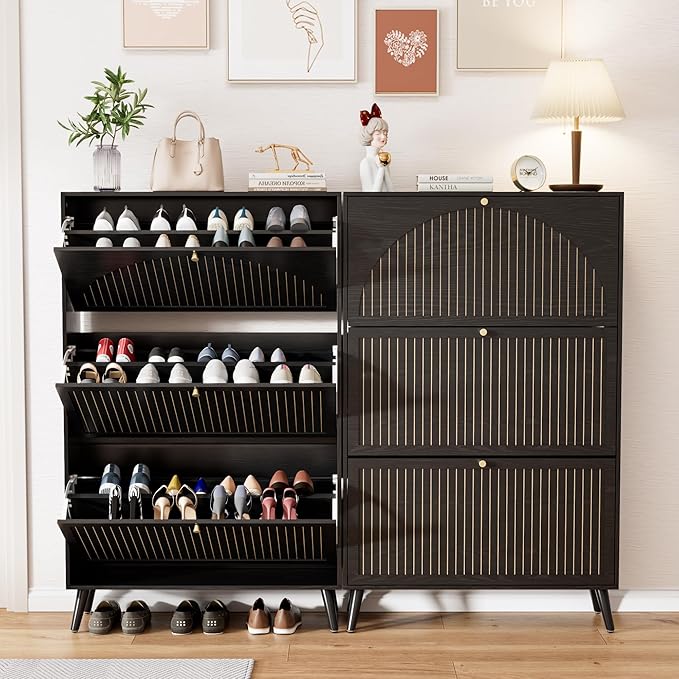 Fsbecl Shoe Storage Cabinet for Entryway with 3 Flip Drawers, Narrow Shoe Organizer with Fluted Panel, Freestanding Wood Hidden Shoe Cabinet for Hallway(Black, 31.4''W, Double Layer)
