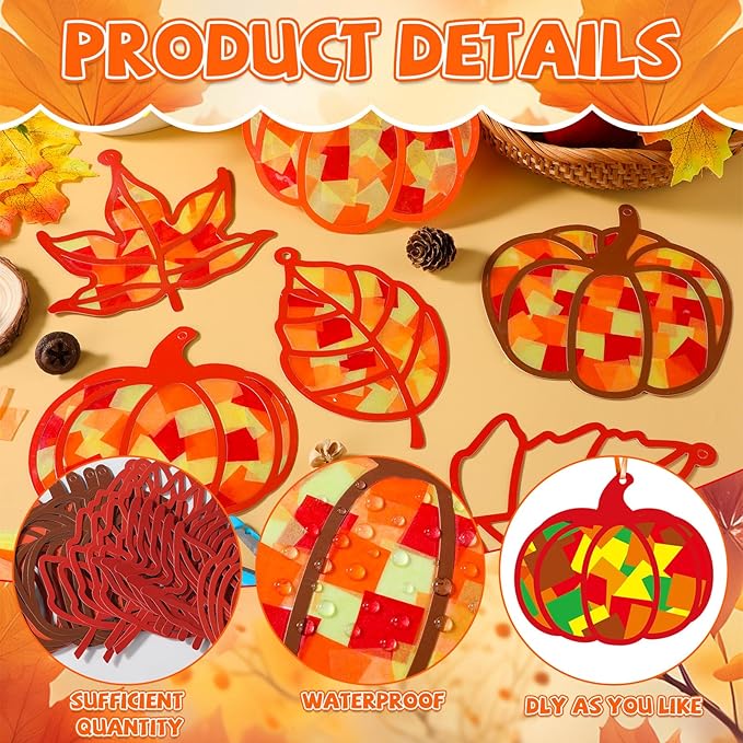 Qyeahkj 36 Set Fall Suncatchers Crafts for DIY Autumn Window Tissue Paper Crafts Kit Maple Leaves Pumpkin Hanging Decor for Thanksgiving Home Activity Art Project Birthday Party Favor Gift
