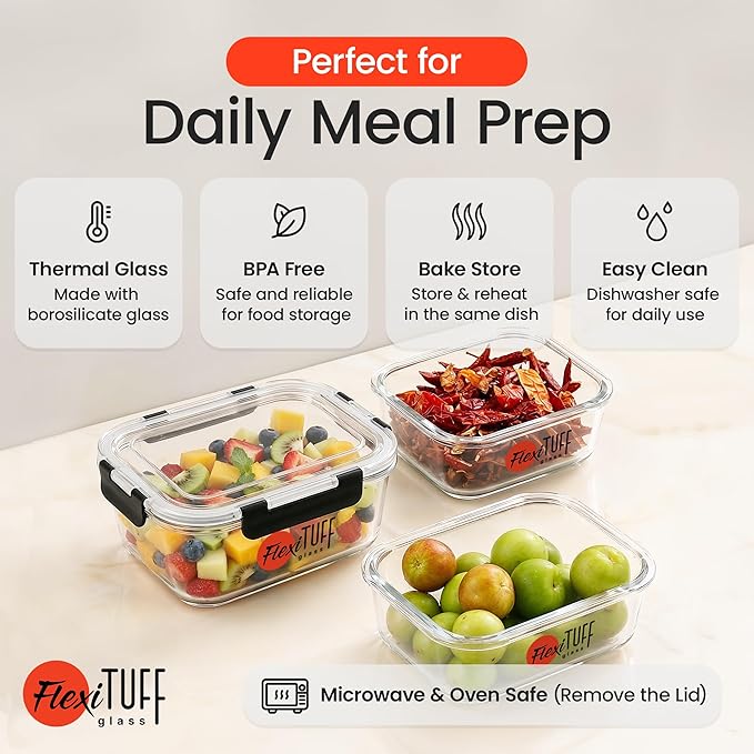24pcs Set Food Storage Containers (12 Airtight & 12 Lids) | Glass Meal Prep Containers | Lunch Box | BPA Free, Leakproof Lids, Dishwasher, Microwave & Freezer Safe for Kitchen