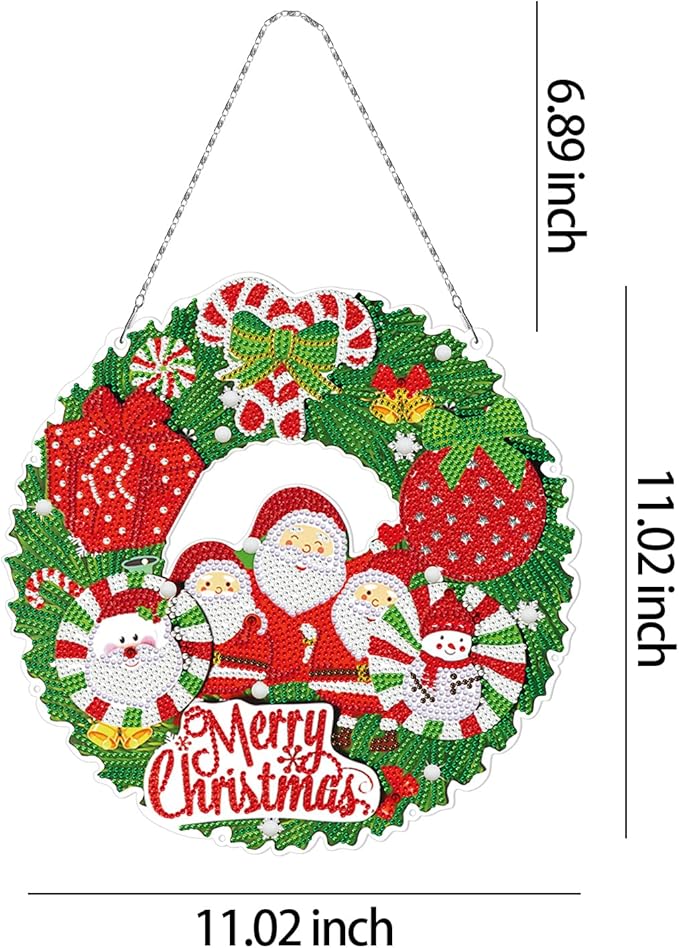 Diamond Art Painting Santa Claus Wreath Hanging Ornament with LED Light String 5D DIY Snowman Rhinestone Art Christmas Wreaths Special Shaped Diamond Paint by Number Mosaic Kits Front Door Wall Decor