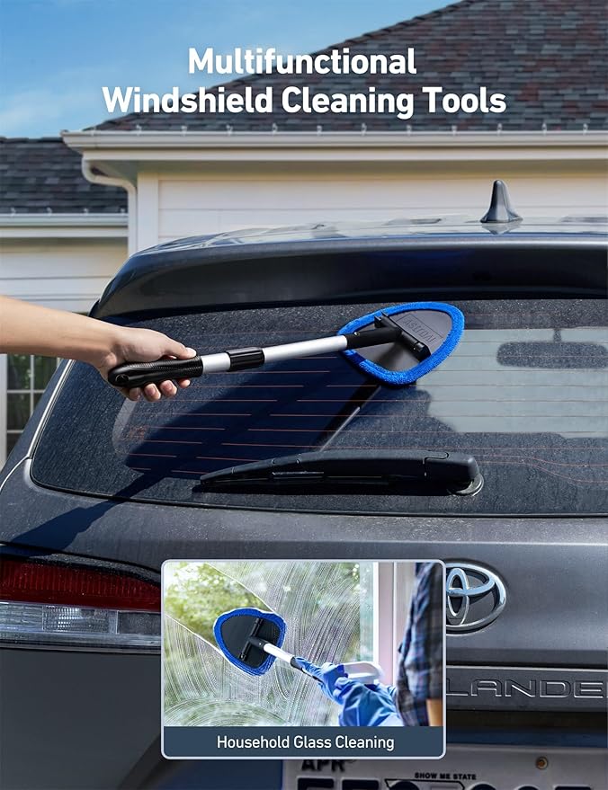 AstroAI Windshield Cleaning Tool, Car Window Cleaner Windshield Cleaner with 8 Reusable and Washable Microfiber Pads and Extendable Handle Auto Inside Glass Wiper Kit, Blue, 2 Pack