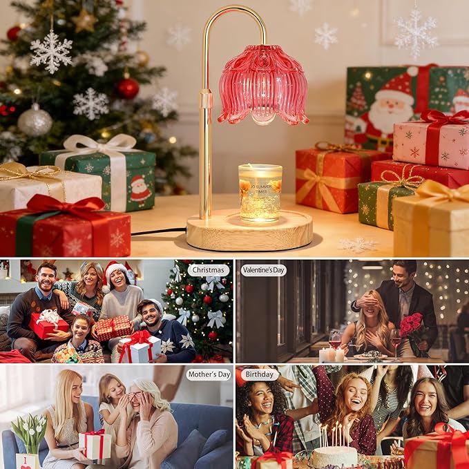 Flower Candle Warmer Lamp for Jar Candles with Timer & Dimmer, Adjustable Height Fits Large Jars up to 7.08" Tall, Flameless Wax Warmer, Cozy Bedroom Home Decor, Gift for Mom Women,Red