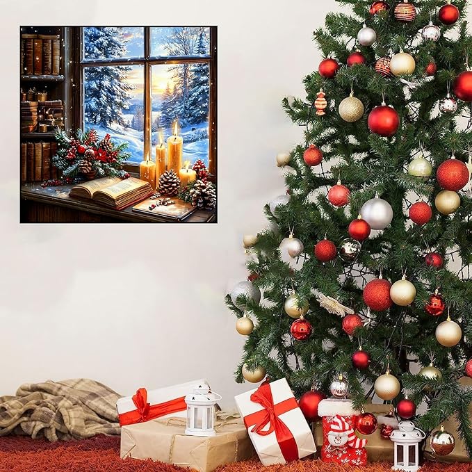 Accompany Wind Christmas Diamond Art Kits for Adults, Christmas Window Diamond Painting Kits, 5D Round Drill Diamonds Gem Art Craft for Home Wall Decor Gifts 14x14 Inch