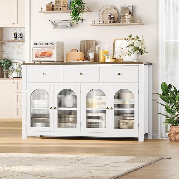 FINETONES Buffet Cabinet with Storage, 55.1" Large Sideboard Buffet Cabinet, Farmhouse Kitchen Cabinets with 3 Drawers and 4 Doors, Wood Coffee Bar for Kitchen Dining Room