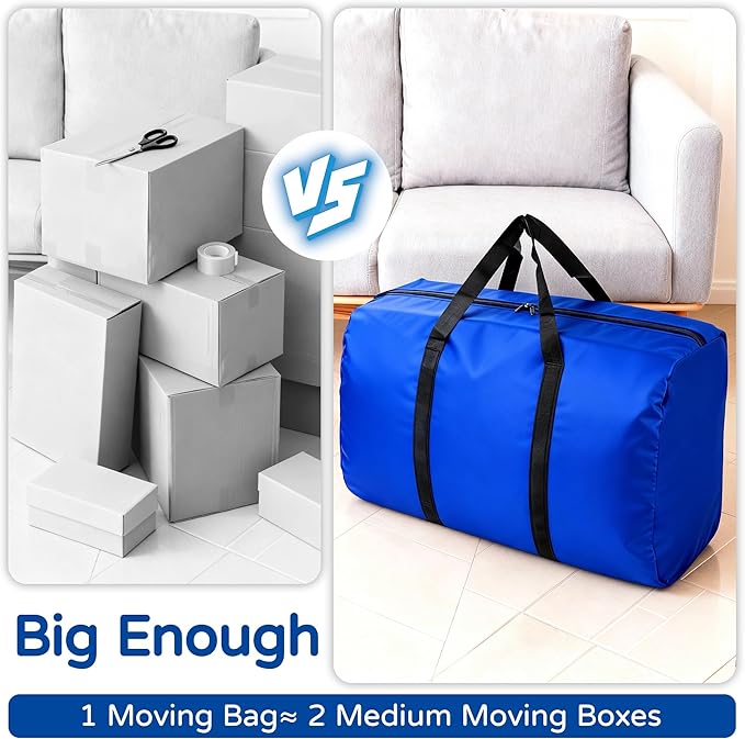 2 Pack 96L Extra Large Moving Bags with Zippers & Carrying Handles for Storage, Packing, Traveling, Camping, Langdry, Big Heavy Duty Moving Totes Bags for Clothes, Supplies and Space Saving Blue