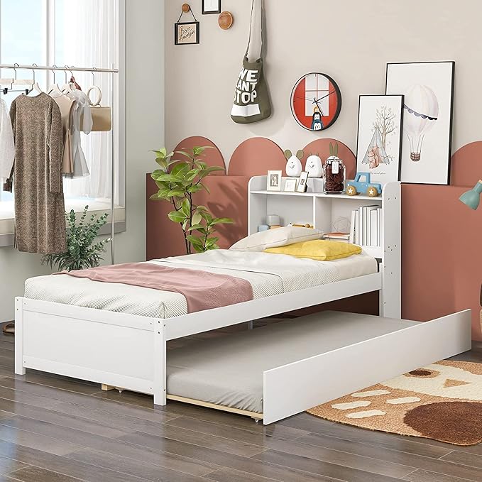 Harper & Bright Designs Twin Bed with Trundle, Twin Bed Frame with Bookcase Headboard, Wood Twin Platform Bed with Pull Out Trundle Bed for Kids Girls Boys,No Box Spring Needed,White