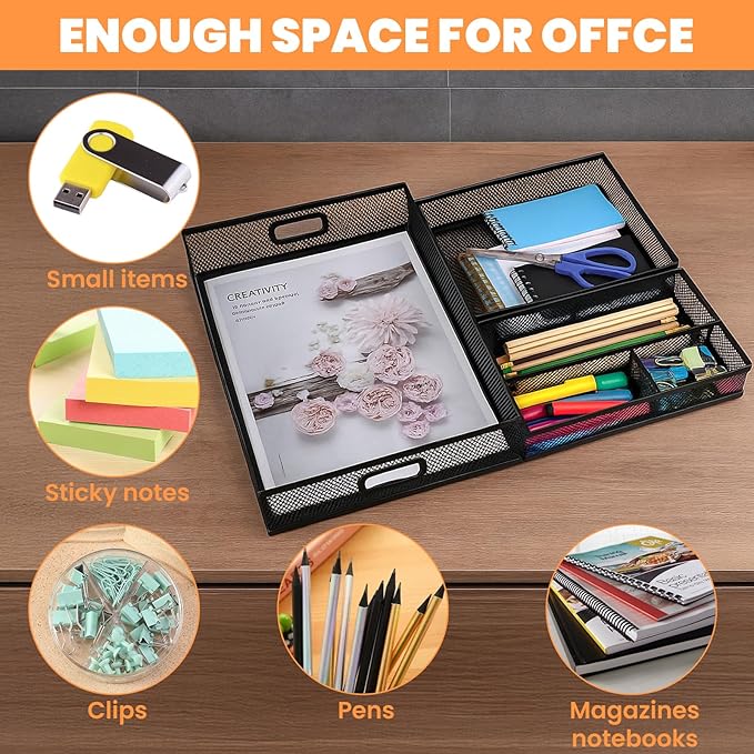 3 Pcs Office Drawer Organizer 3 Pack, Office Supplies Desk, Black Mesh Drawer Organizer Hold Pens & A4 Sized File, 12 x 9 Inches