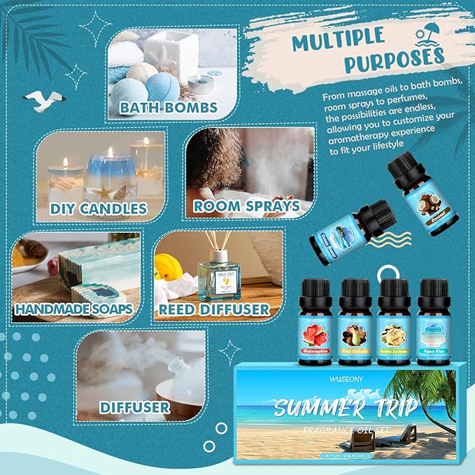 WUSEONY Summer Fragrance Oils Set, Premium Essential Oils for Diffuser, Natural Aromatherapy Oils for Soap Candle Making - Ocean Breeze, Coconut, Pina Colada, Watermelon, Vanilla Ice Cream, Aqua Kiss