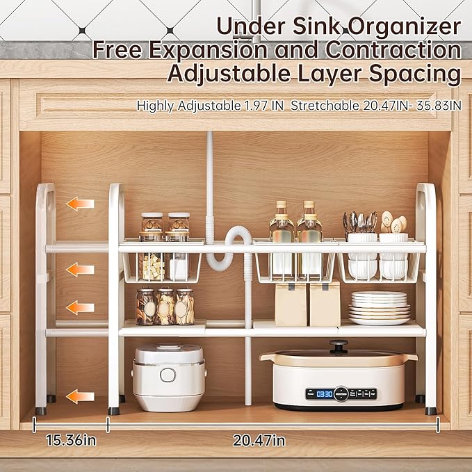 Under Sink Organizer 2 Tier,Height Adjustable Kitchen Cabinet Organizer with 4 Panels and 4 Baskets,Expandable Under Sink Shelf,for Kitchen,Bathroom, Laundry Pantry Cabinet,Apartment,White