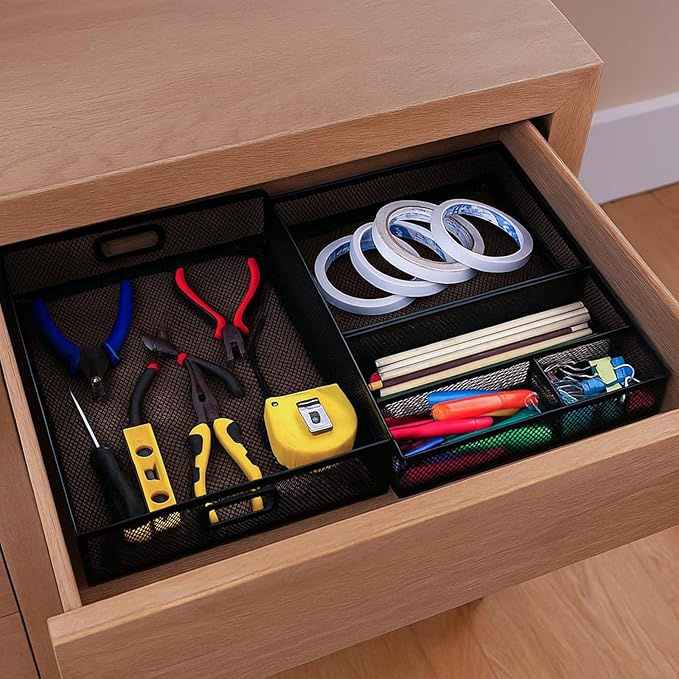 3 Pcs Office Drawer Organizer 3 Pack, Office Supplies Desk, Black Mesh Drawer Organizer Hold Pens & A4 Sized File, 12 x 9 Inches