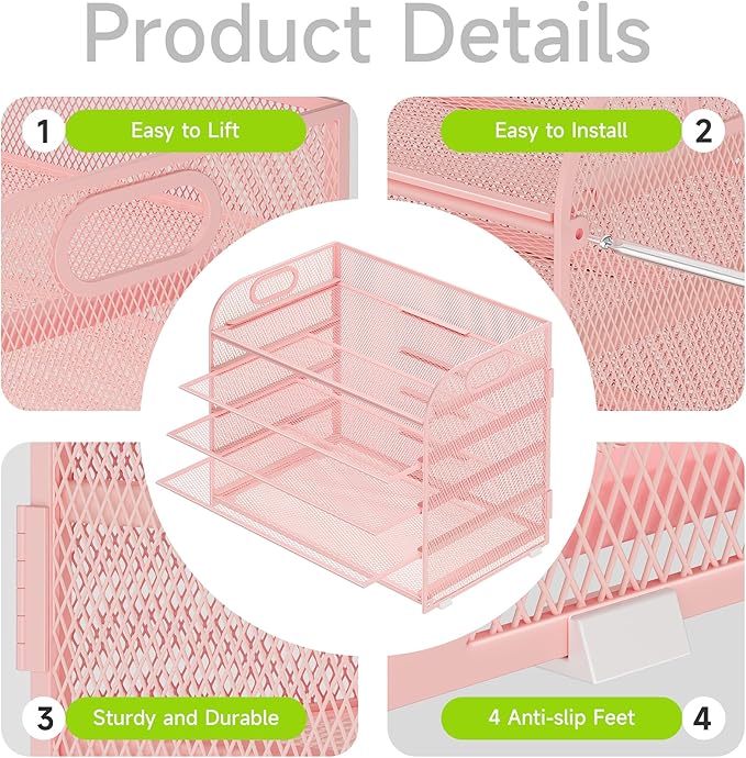 Cawukege 2 Pack 5 Tier Paper Organizer, Letter Tray with Handle, Mesh Desk Organizer, Metal File Organizer, Office Desk Accessories for Home, Office, Classroom, School -Pink