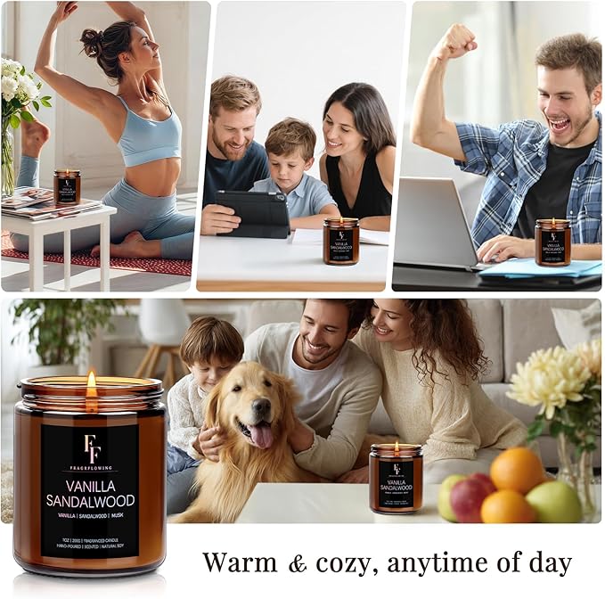 Vanilla Sandalwoods Scented Candle for Home Soy Wax Candle, Aromatherapy Candle Gift for Women Men, 7oz