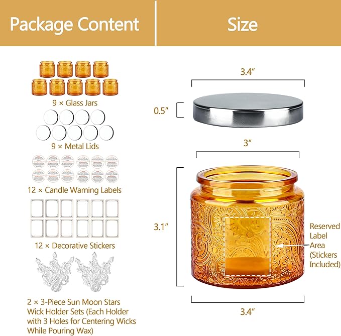 9-Pack 10 oz Sun Moon Star Embossed Glass Candle Jars with Mirror Lids and Labels - Unique Orange Candle Containers with Lids for Candle Making