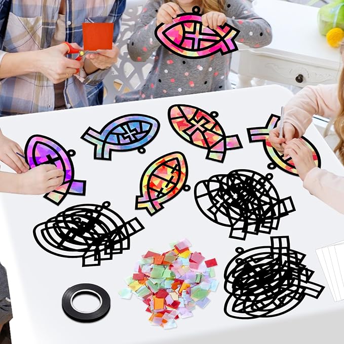 Qyeahkj 36 Set Christian Jesus Cross Fish Suncatchers Crafts for Kids DIY Religious Faith Fish Window Tissue Paper Craft Kit VBS Hanging Decor for Summer Sunday School Home Activity Church Art Project