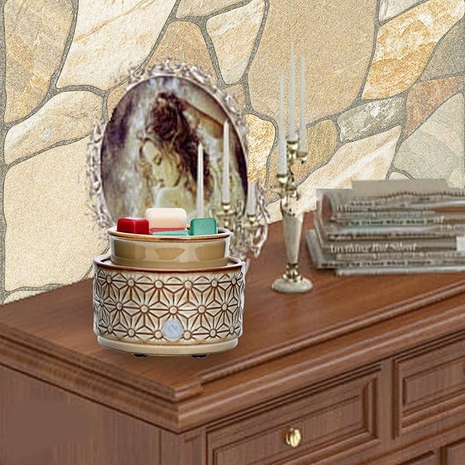 ASAWASA Ceramic Wax Melt Warmer - 3 in 1 Electric Wax Candle Burner Melter for Home Decor Gift (Brown Hexagon Pattern)