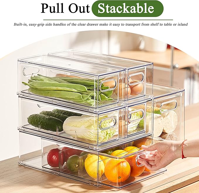 bealy 2 Pack Fridge Organizers and Storage with Pull out Drawer, Stackable Storage Drawer, Clear Refrigerator Organizers, BPA-Free for Freezer Kitchen Cabinet Pantry, 3.14QT