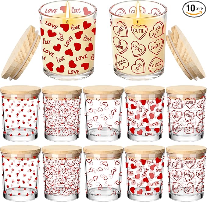 Ziliny 10 Pcs Love Valentine Glass Candle Jars Empty Containers Bulk 7 oz Glass Jars with Cork Lids Tins for Valentine Holiday Candle Making Storing Biscuits Tea Party Favors