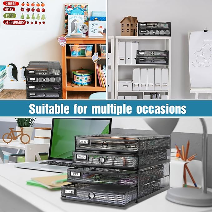 Zhanmai 2 Pack Black Desk Organizer with Drawer Total Wire Mesh Storage Tray Multifunctional Paper Sorter File Stand for Home Office Supplies Letter A4 Paper Office Accessories Back to School (2 Tier)