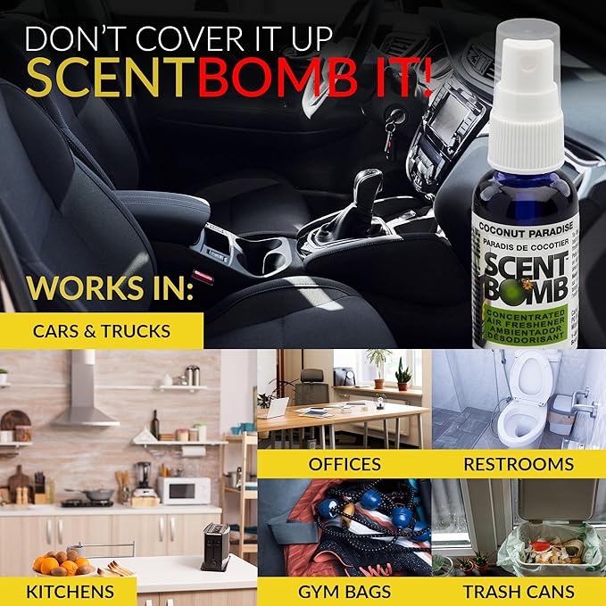 Scent Bomb Air Freshener Spray, Long-Lasting Odor Eliminator - Effective Deodorizer for Home & Car, Fresh Room Spray for Kitchen, Bathroom & Smell Neutralizer - 1 oz Pack of 4, Coconut Paradise