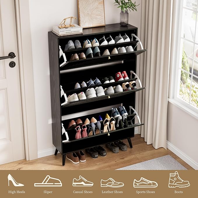 Fsbecl Shoe Storage Cabinet for Entryway with 3 Flip Drawers, Narrow Shoe Organizer with Fluted Panel, Freestanding Wood Hidden Shoe Cabinet for Hallway(Black, 31.4''W, Double Layer)