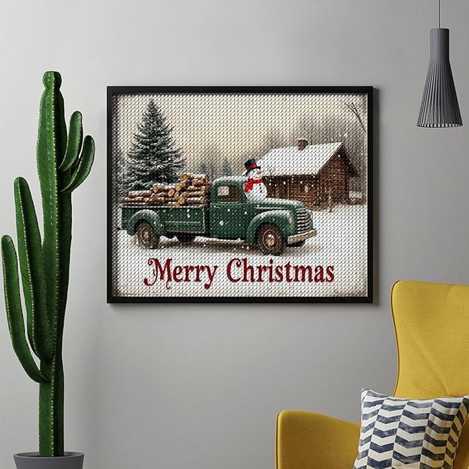 AIVKIEJK Diamond Painting Kits for Adults - Christmas Truck with Snowman & Cabin Winter Painting DIY 5D Full Drill Diamond Dots Paintings with Diamonds Gem Art and Crafts Home Decor 16"x20"