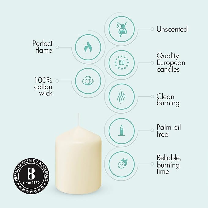 BOLSIUS 6 Ivory Pillar Candles Bulk - 3x4 Inches Candle Set - 40+ Hours Clean Burning - No Palm Oil - 0% Animal Fat - Premium European Quality - Unscented Dripless Restaurant Pillars