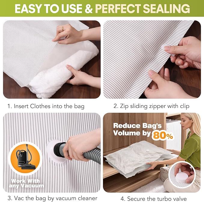 6 Pack Cloth Vacuum Storage Bags, Vacuum Seal Bags for Clothing with Hand Pump, 2 Large+4 Medium, 80% Space Saver Bags for Luggage, Comforters,Blankets, Home Travel Essentials(Stripe)