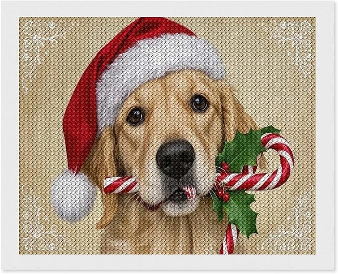 Diamond Painting Kits for Adults - Christmas Golden Retriever Puppy in Santa Hat with Candy Cane Painting DIY 5D Full Drill Diamond Dots Paintings with Diamonds Gem Art And Crafts Home Decor 16"x20"