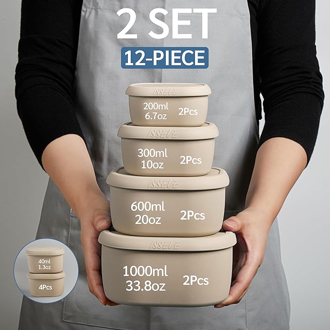 ISSEVE 12Pcs/Set Nesting Silicone Food Storage Containers with Lids, BPA Free Reusable Meal Prep Silicone Containers Airtight, Freezer Dishwasher Safe (33.8oz, 20oz, 10oz, 6.7oz, 1.3oz) (Beige)