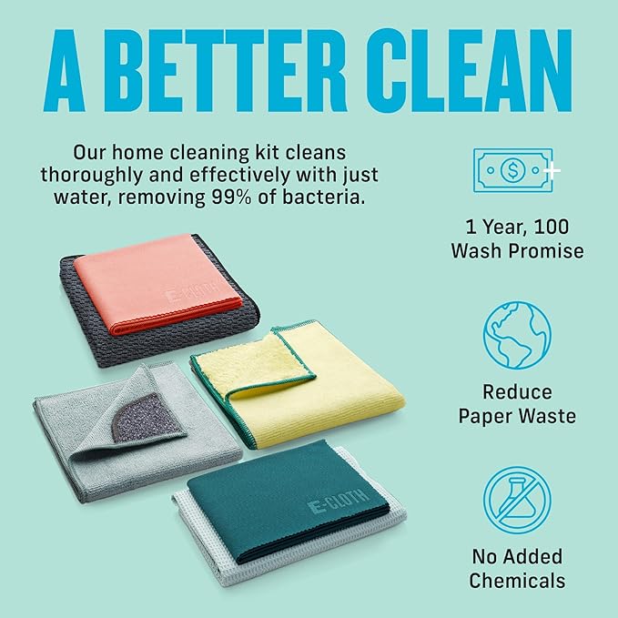 E-Cloth 6-pc Home Cleaning Essentials, Contains Multiple Microfiber Cleaning Cloths for a Streak-Free Clean Glass, Window, Kitchen, Dust, Granite, and Marble, 100 Wash Promise