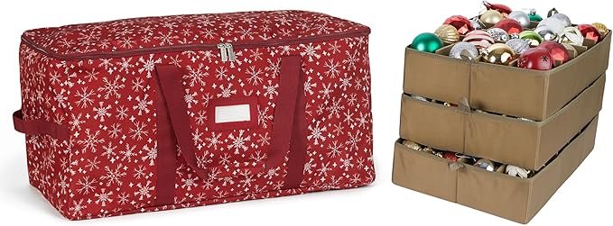 Covermates Keepsakes Adjustable Ornament Storage Bag – Heavy-Duty Polyester, Padded Dividers & FlexGrid Trays – Protective Holiday Ornament Organizer with Handles & Label Window, Red Snowflake