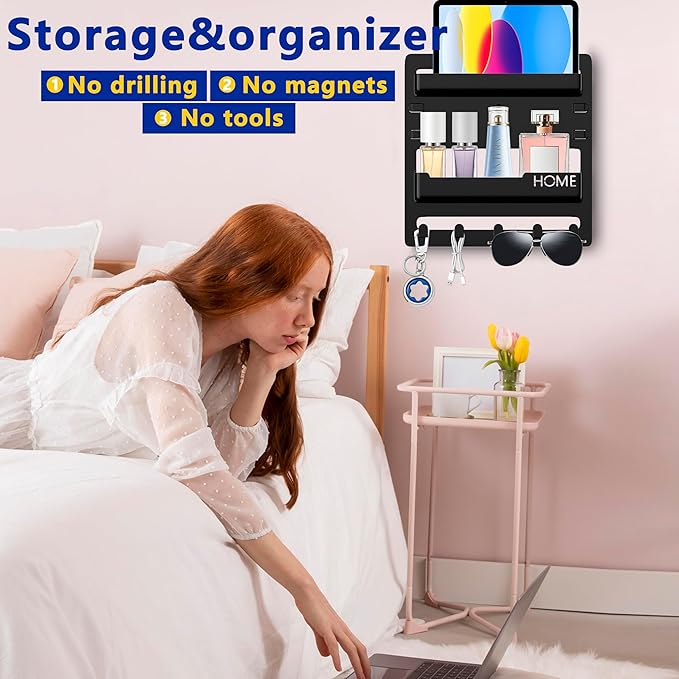 Bedside Shelf Wall Mount,Floating Bedside Adhesive Shelves Accessories,Wall Shelf Organizer and Storage for Bedroom,Camper,Dorm,Apartment-Phone,Earphone,Kindle,Remote Holder,Cable Clip,5 Hooks-Black