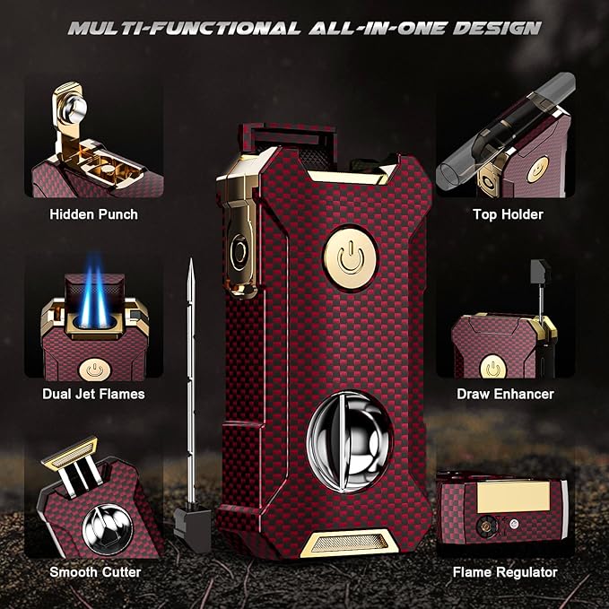 5-in-1 Torch Lighter with Cutter, Punch, Holder, and Draw Enhancer Tool, Adjustable Dual Jet Flames, Trendy Gift for Men, Refillable Butane Lighter, Rechargeable Lighters for Candle, Travel Outdoors