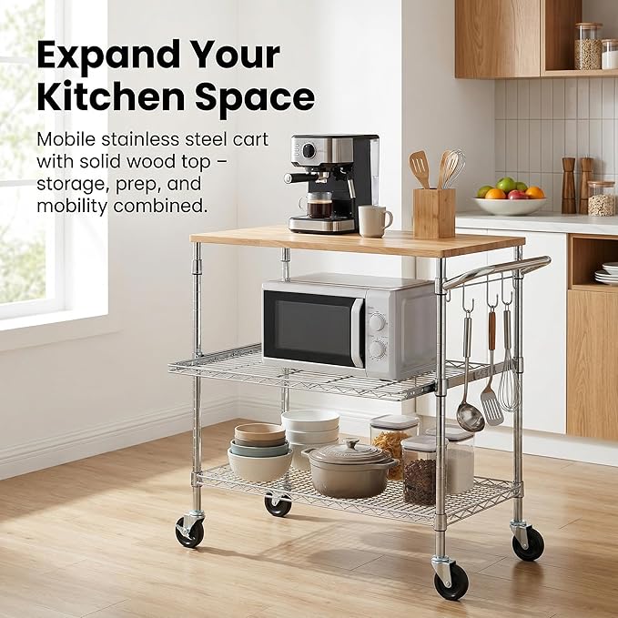 Finnhomy 3-Tier Rolling Kitchen Cart With 18" D x 30" W Oak Wood Tabletop, Kitchen Island With 4" Wheels and Slider Shelf, Microwave & Coffee Cart With Hooks for Dining Room, Chrome
