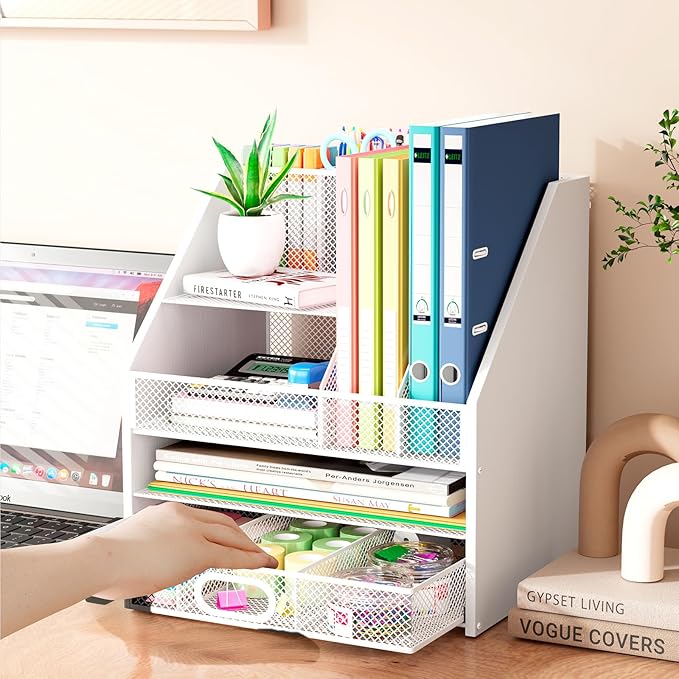 Homsorout Wooden Desk Organizer - Mesh File Organizer with Drawers and Pen Holder - 4-Tier Vertical Paper Letter Storage Tray, Desktop Organizers and Accessories for Home Office （White