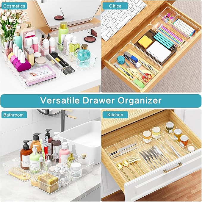Manalete Drawer Organizers Set of 12, 4 Sizes Clear Plastic Drawer Organizers and Storage Bins for Kitchen, Bathroom, Office, Dresser Desk Drawer Organizer Tray for Jewelry, Makeup, Junk, Gadgets