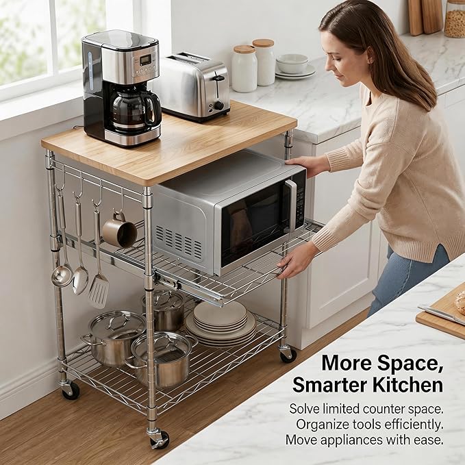 Finnhomy 3-Tier Rolling Kitchen Cart, Microwave Cart with Oak Wood Tabletop and Drawer Slider, Coffee Cart & Food Service Cart with Hooks, Chrome