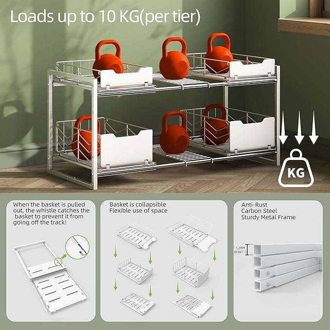 NETEL Pull Out Cabinet Organizer, Slide Out Drawers for Kitchen Cabinets, 2 Tier Expandable Pull Out Under Sink Organizers and Storage, 4 Pull-Out Metal Baskets, (21.5-31.64)" W X 14.69" D X 15.83" H