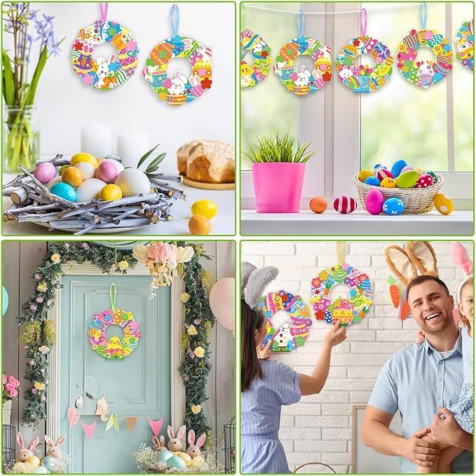 Hollowfly 48 Sets Easter Wreath Craft Kits DIY Wreath Hanging Ornaments Make Your Own Paper Craft with Stickers for Home Party Activities