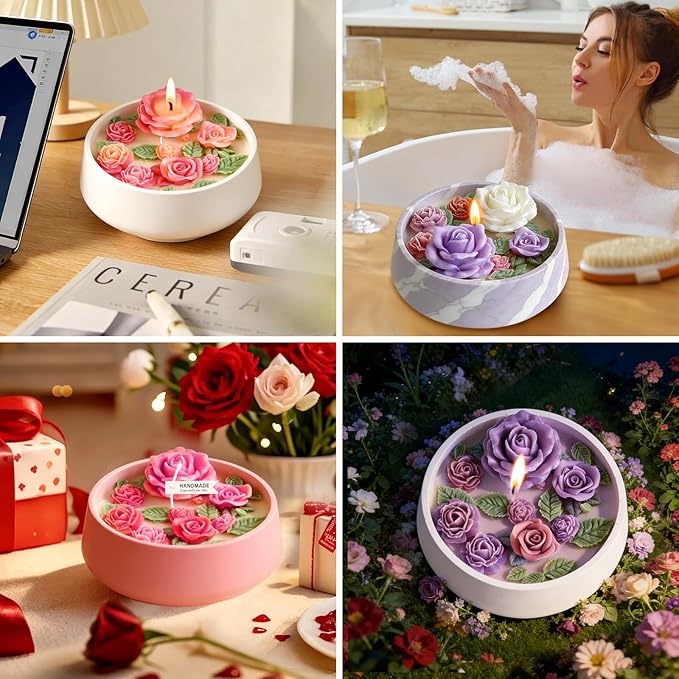Rose Candle Molds, 5Pcs Rose Silicone Molds for Candle Making, Roses Flower Leaf Mold and Round Candle Vessel Mold Set for Scented Candles, Handmade Soap, Epoxy Resin Casting, Mom Gifts