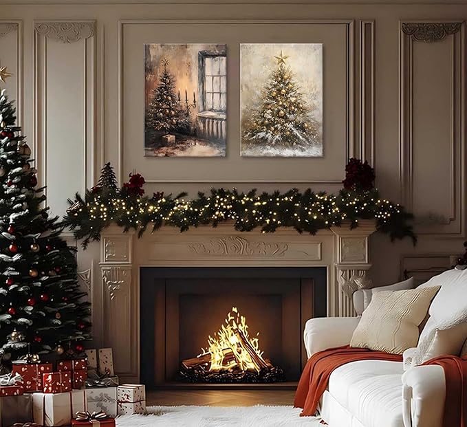 Paint by Number Kit with Inner Frame, 2 Pack 16x20 Inch Christmas Scenes - Vintage Tree & Golden Snowy Tree, DIY Acrylic Painting Sets for Adults Kids Gift
