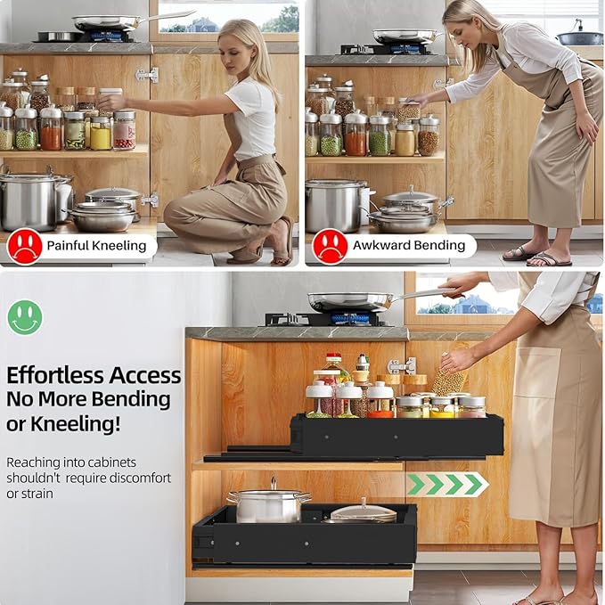 2 Pack Expandable Pull Out Cabinet Organizer, Width (12"-19" ) & Depth (16.5"-22")No Drill Adjustable Cabinet Pull Out Shelves for Kitchen,Pantry, Adhesive Roll Out Shelves for Kitchen Cabinets-Black