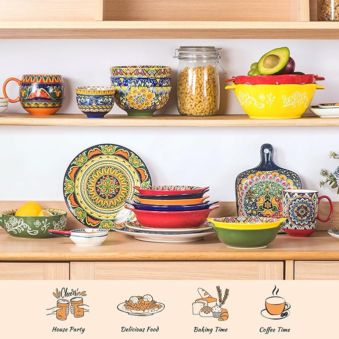 Henten Home Porcelain Pasta Bowls with Handle - 30 oz Ceramic Soup Bowls Set of 6, Colorful Serving Dishes for Salad, Cereal, Dinner, Bohemian Style, Microwave & Dishwasher Safe