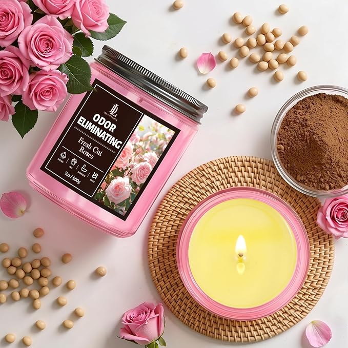 Fresh Cut Roses Odor Eliminating Candle, Romantic Floral Scent for Bedroom & Bathroom, Gently Covers Everyday Odors, Air Freshing Scented Candles, Soy Candle Gifts for Women Men, 7oz