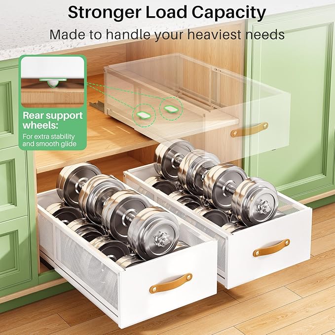 Pull out Cabinet Organizer, Expandable Depth(15.7"-21.7") with Raising Pad for Framed Cabinets, Heavy Duty Slide out Drawers, Adhesive Roll Out Shelves for Kitchen, Pantry Storage(White, 1-Pack)