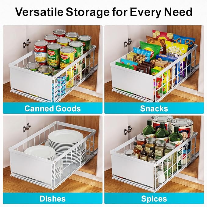 iSPECLE Pull Out Cabinet Organizer, Adhesive Slide Out Drawers with 6.9" High Sides, No Drill Under Cabinet Storage Shelves for Kitchen Pantry, Heavy Duty Smooth Gliding Rolling Tray, White