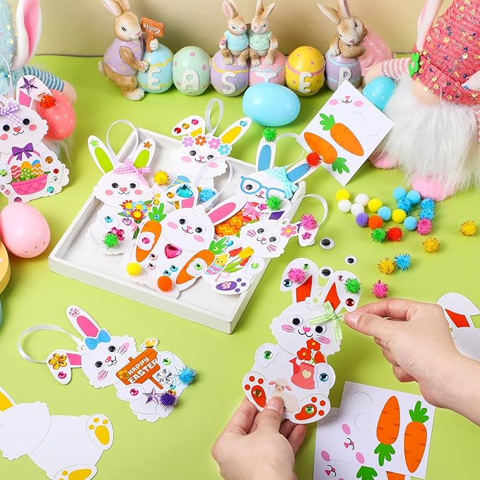 Funrous 48 Sets Easter Crafts Kit Easter Bunny Paper Crafts DIY Make Your Own Rabbits Hanging Ornaments Decorations with Pompoms Diamond Stickers Spring Classroom Activity Arts Gifts Party Favors