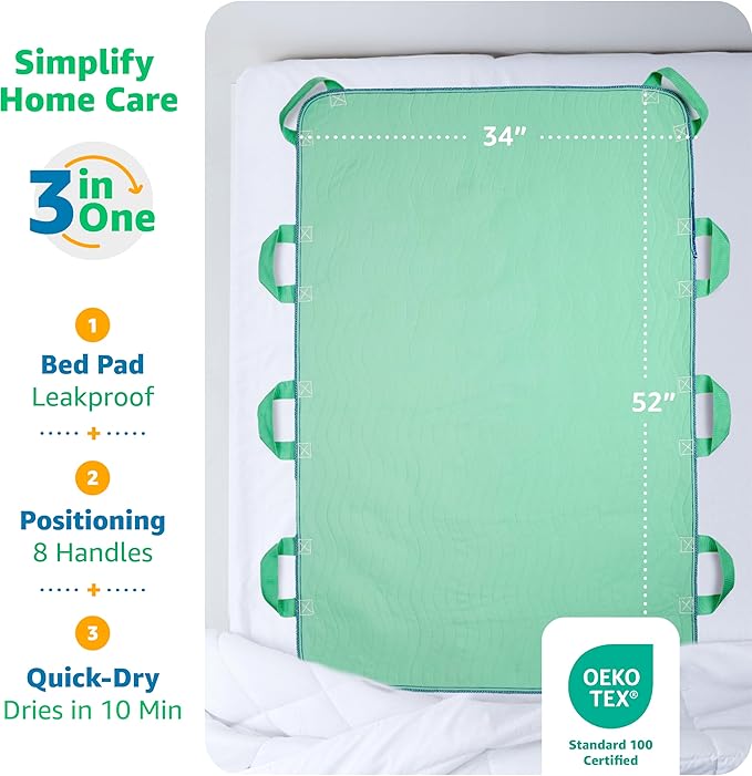 Improvia Positioning Bed Pad, with 8 Reinforced Handles, Quick-Drying, Washable, Waterproof, for Lifting, Turning, Transfering, Elderly and Incontinence Patients (Green, Pack of 2)