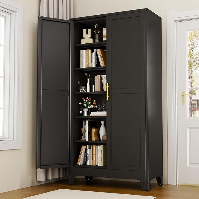 Black Metal Storage Cabinet,75" Steel Cabinets for Home Office, Kitchen Pantry Storage Cabinet with Doors and 5 Adjustable Shelves, Tool Cabinets, for Office, Home, Garage, School, 36W