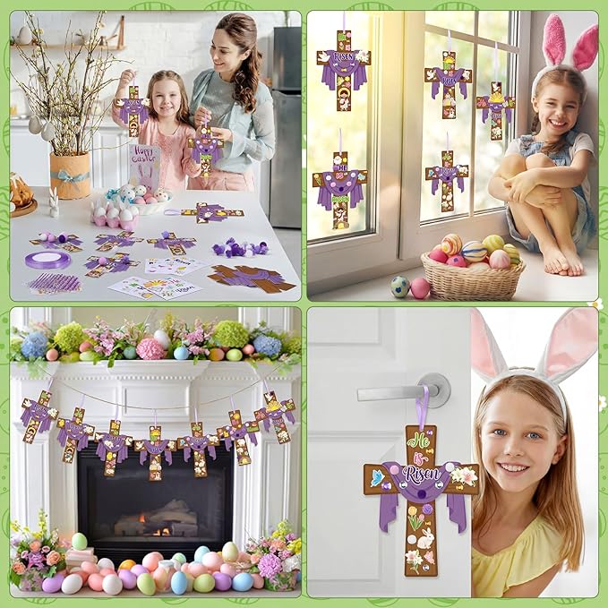 Funrous 48 Sets Easter Religious Crafts Bulk He is Risen Cross Paper Crafts DIY Easter Jesus Christian Hanging Ornaments Arts with Stickers Pompoms for Sunday School Vbs Classroom Spring Activities
